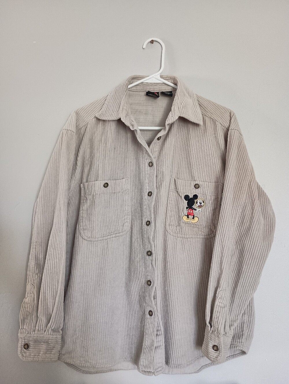 Vintage Men's Beige Corduroy Shirt with Mickey Patch